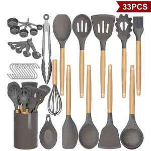 Kitchen Utensil Set -7/33pcs Silicone Kitchen Utensil Set With Holder, Heat-resistant Kitchen Utensil Brush Set, Suitable For Non Stick Cookware, Black, Wooden Handle Kitchen Small Tool Set, Household Items, Baking Supplies, Father'S Gift