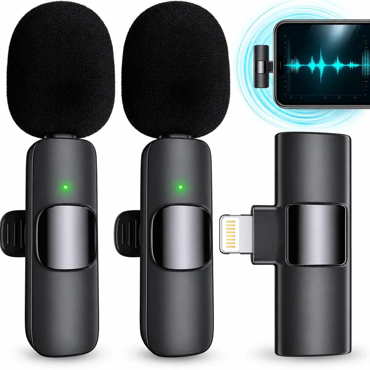 2-Pack Wireless Lavalier Microphones for Lightning iPhone 14 & Earlier and Lightning iPads, AI Noise Reduction, Plug & Play Clip-On Mics for TikTok, YouTube, Streaming & Video Recording