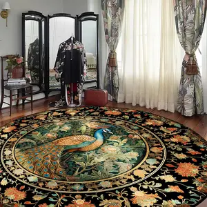 Vintage Peacock Pattern Round Floor Mat, Non-slip Soft Floor Carpet, Decorative Area Rug for Home Living Room Bedroom Hotel