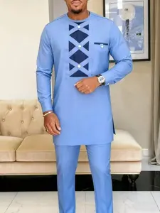 Men's Muslim Kaftan Set Thobe, Round Neck Long Sleeve Patchwork Embroidered Casual, Wedding Holiday Business Gift, Traditional African Clothing For Muslim