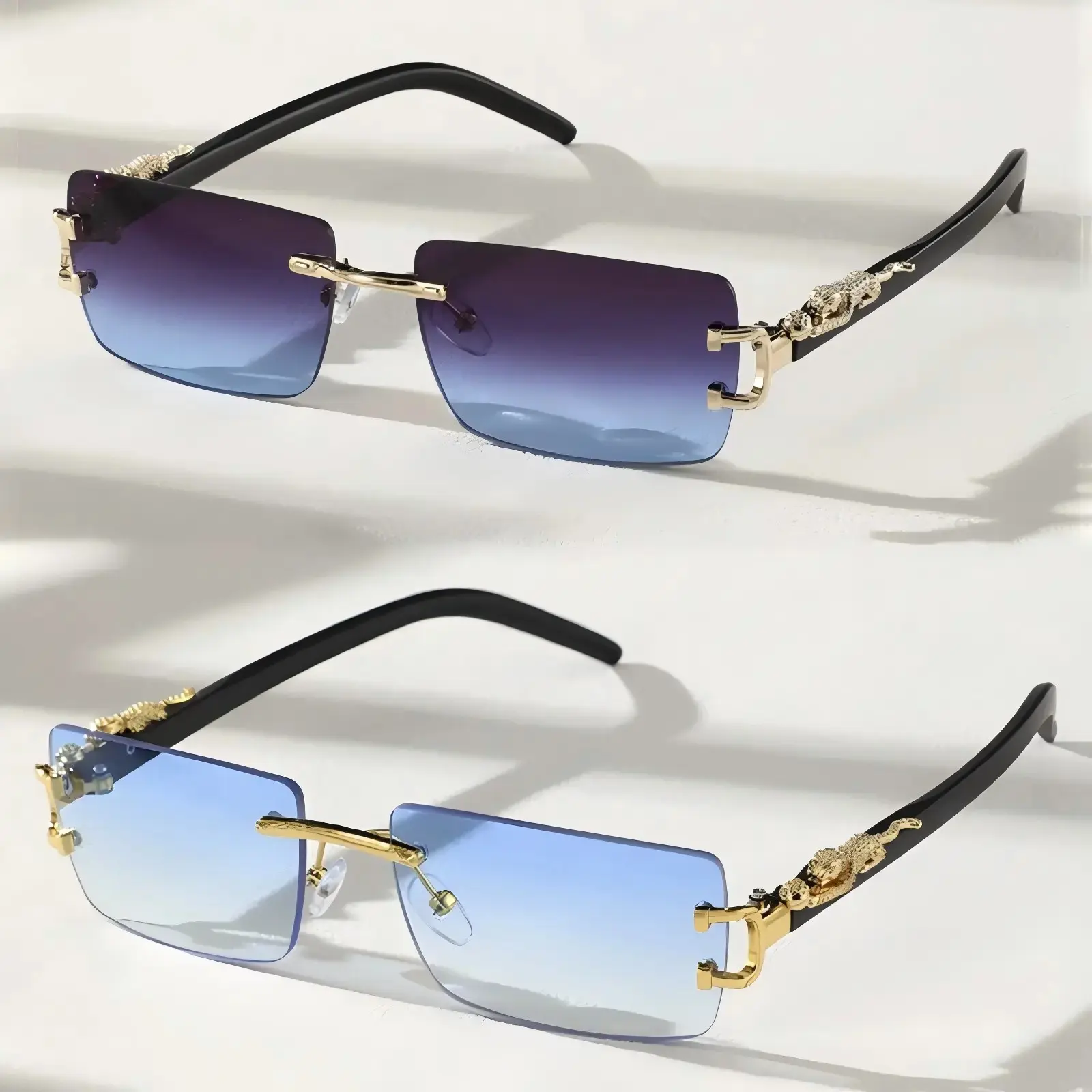 Two-Piece Borderless Rectangular Sunglasses With Lightweight Frame And Color-Tinted UV Protection Lenses, Stylish Daily Wear Eyewear, Perfect Accessories And Gifts For Summer, Beach And Vacation Occasions