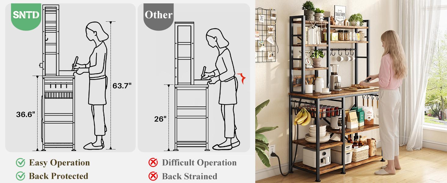 SNTD Baker Rack with Power Outlet - Microwave Stand with Storage, Large Coffee Bar Station with 14 Hooks, Metal Kitchen Shelf Rack for Spices, Pots (Rustic Brown) | with Power Outlet, with Storage, with 14 Hooks, for Spices, for Pots