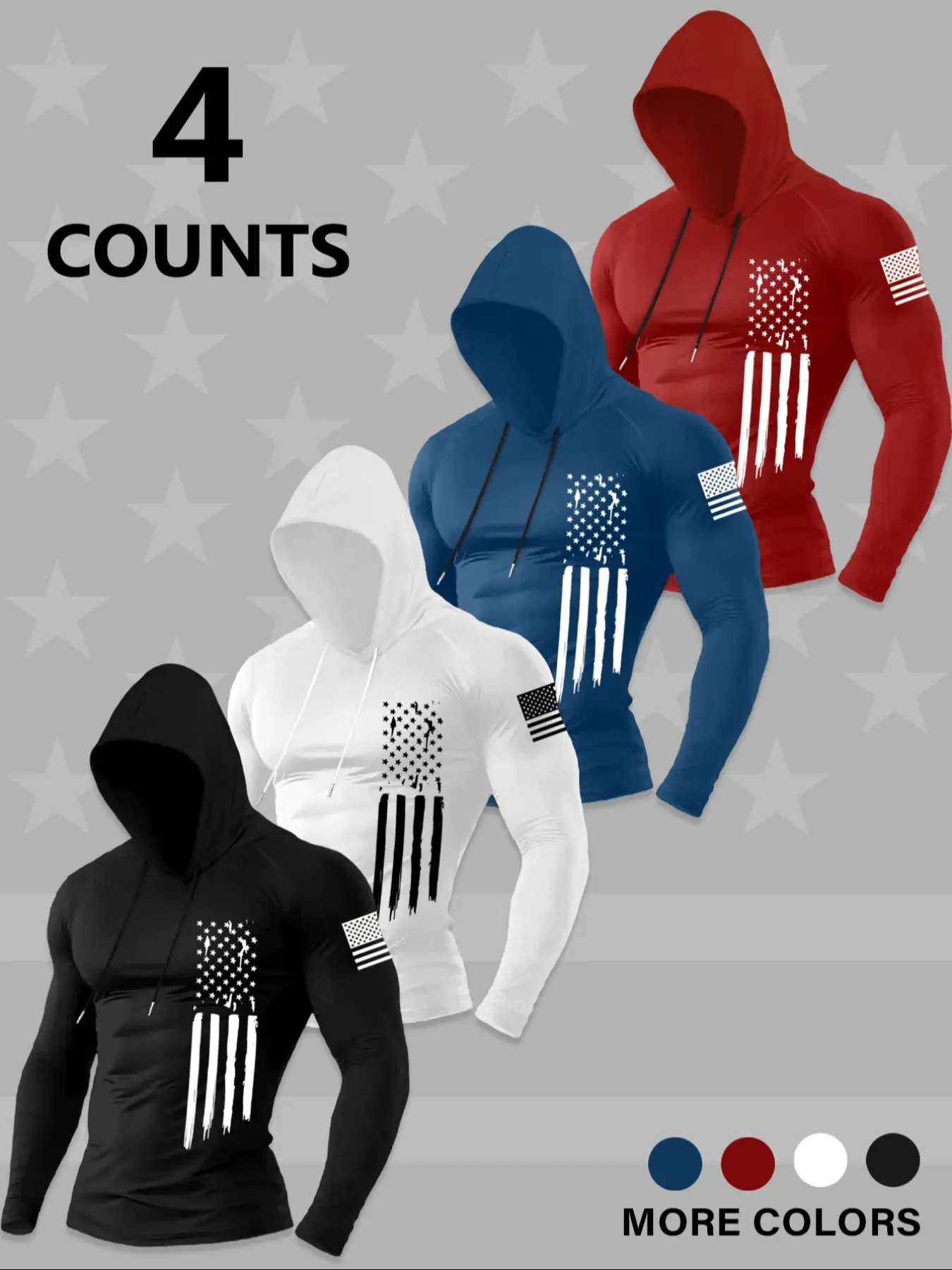 Men's Fashion Hooded Drawstring Long Sleeve T-Shirt Set, Flag Print, Soft Comfortable Casual Wear for Spring & Fall, 4 Piece Pack