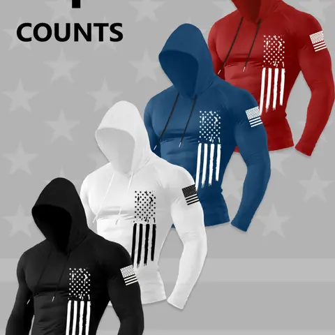Men's Fashion Hooded Drawstring Long Sleeve T-Shirt Set, Flag Print, Soft Comfortable Casual Wear for Spring & Fall, 4 Piece Pack