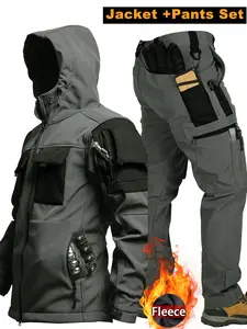 Men's Tactical Fleece Set Winter Outdoor Sports Casual Multi Pocket Soft Shell Hooded Jacket+Work Pants, Athletic Fashion Activewear Windproof Waterproof Warm Lightweight Suit for hiking, mountaineering, cycling and fishing