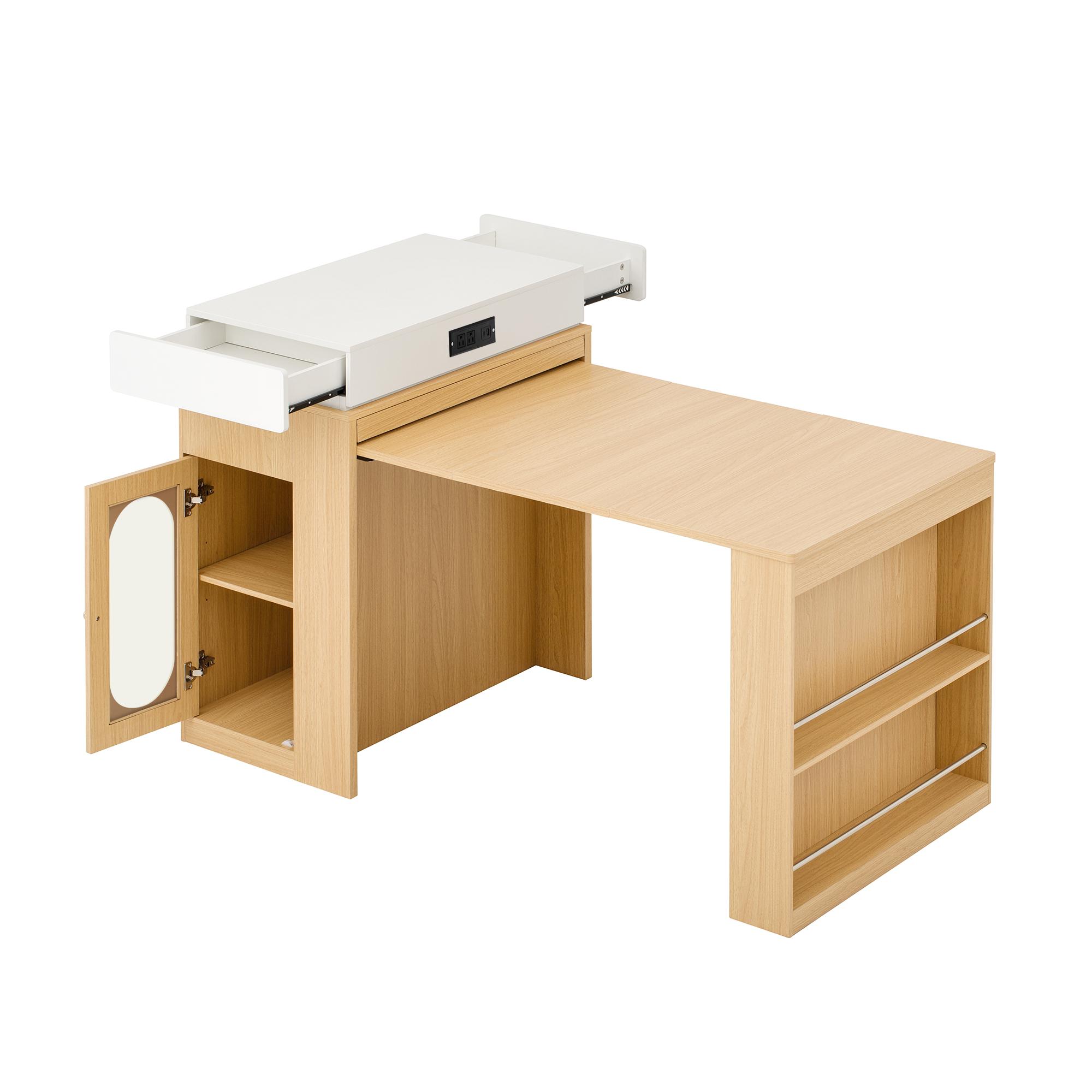 Rolling Kitchen Island & Extendable Dining Table with Folding Top & Power Outlet, Mobile Sideboard with Drawers, Hooks & Storage for Kitchen & Dining Room