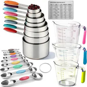 21-piece measuring cup and spoon set: nesting stainless steel measuring cups, magnetic spoons with plastic measuring cups, leveling/spirit level, measurement conversion chart refrigerator magnet