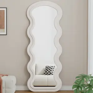 Full-Length White Wave Flannel Floor Mirror with Stand, Hanging or Wall-Mounted for Bedroom, Living Room