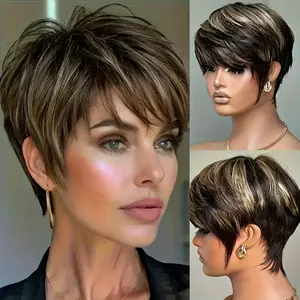 New Wholesale Arrivals Brazilian Virgin Human Hair Wig - Natural Look Short Pixie Cut with Blonde Highlights (1B/27/60), 180% Higher Density, Rose Net Cap for Secure Fit - Machine-Made Straight Hairstyle for Women & Men, Everyday & Special Events - Suitfo