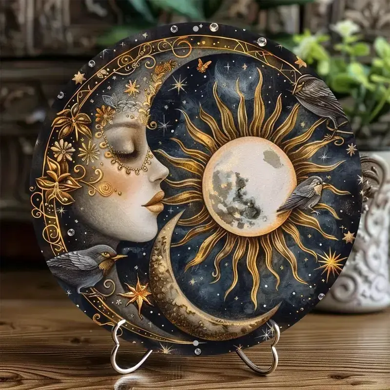 Sun and Moon Theme Flower Garland Sign, Round Decorative Wall Art Hanging, Hangable for Home, Cafe, Apartment, Restaurant, Living Room Decoration Gift
