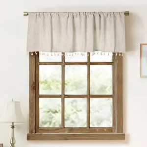 Faux Linen Tassel Kitchen Valances for Windows Modern Farmhouse Neutral Valance Curtains Topper Country Rustic Bathroom Small Window  Boho Decor (54x15 inch, )