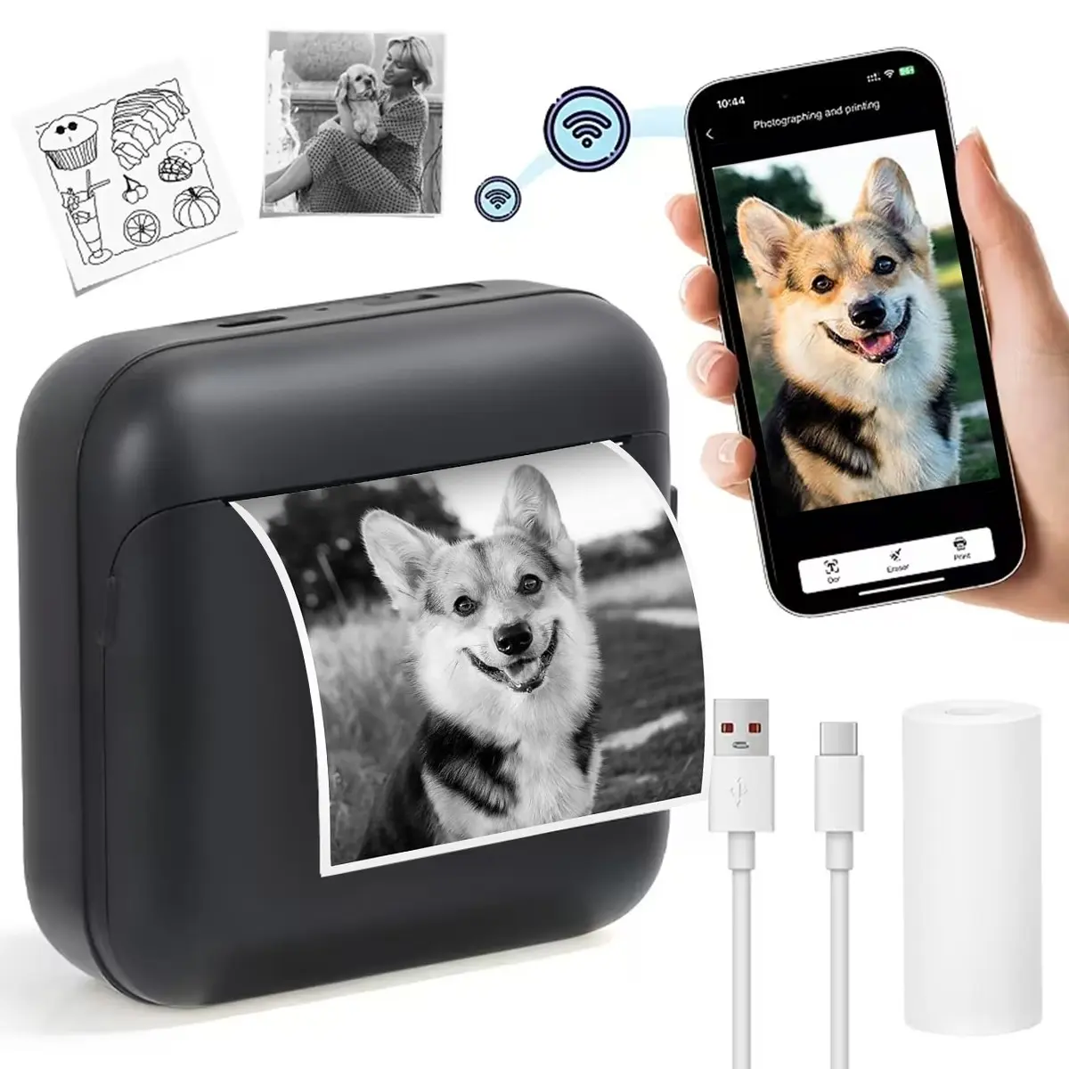 Thermal Mini Printer, Portable Inkless Printer, Thermal Wireless Printer, Portable Label Printer, Portable Label Maker, Thermal Pocket Printer, Ideal for Photos, Notes, Journals, School, Office, Home, Compatible with iOS and Android