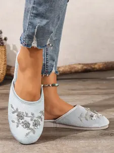 Vintage Embroidered Slip-On Half Sandals for Women, Ethnic Style Soft Sole Lazy Wear Mules, Comfortable Outdoor Footwear