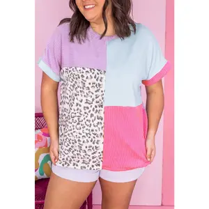 Rose Red Leopard Colorblock Patchwork Corded Plus Size T Shirt