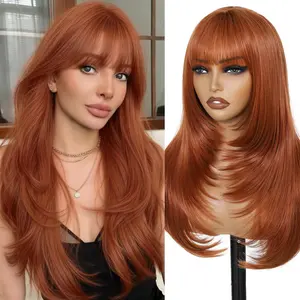 Long Layered Ginger Wig with Bangs for Women 26Inch,Realistic Scalp, Heat Resistant Synthetic Wig,  Looking Ginger Orange Wigs for Daily Wear & Part