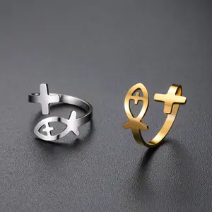 Cazador Christian Jesus Fish Cross Open Rings for Women Stainless Steel Adjustable Finger Rings Jewelry Birthday Protection Gift