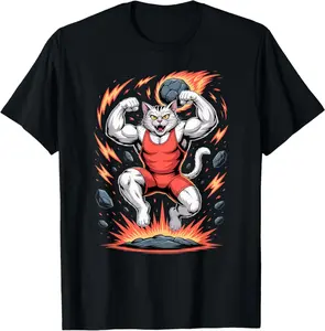 Buff Cat Meme Exploding Jump Funny Cartoon Muscle Cat T-Shirt
