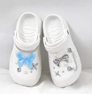 Blue Butterfly Rhinestone Chain Perforated Clog Accessory Set — Girly Style DIY Shoe Charms, Removable Decorative Buckle Combo