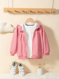 Girls' Solid Color Cherry Embroidery Sweatshirt Jacket, Fleece Material, Fashion Sleeves Design, Fitted Cut, Perfect for Back-To-School & Outdoor Wear