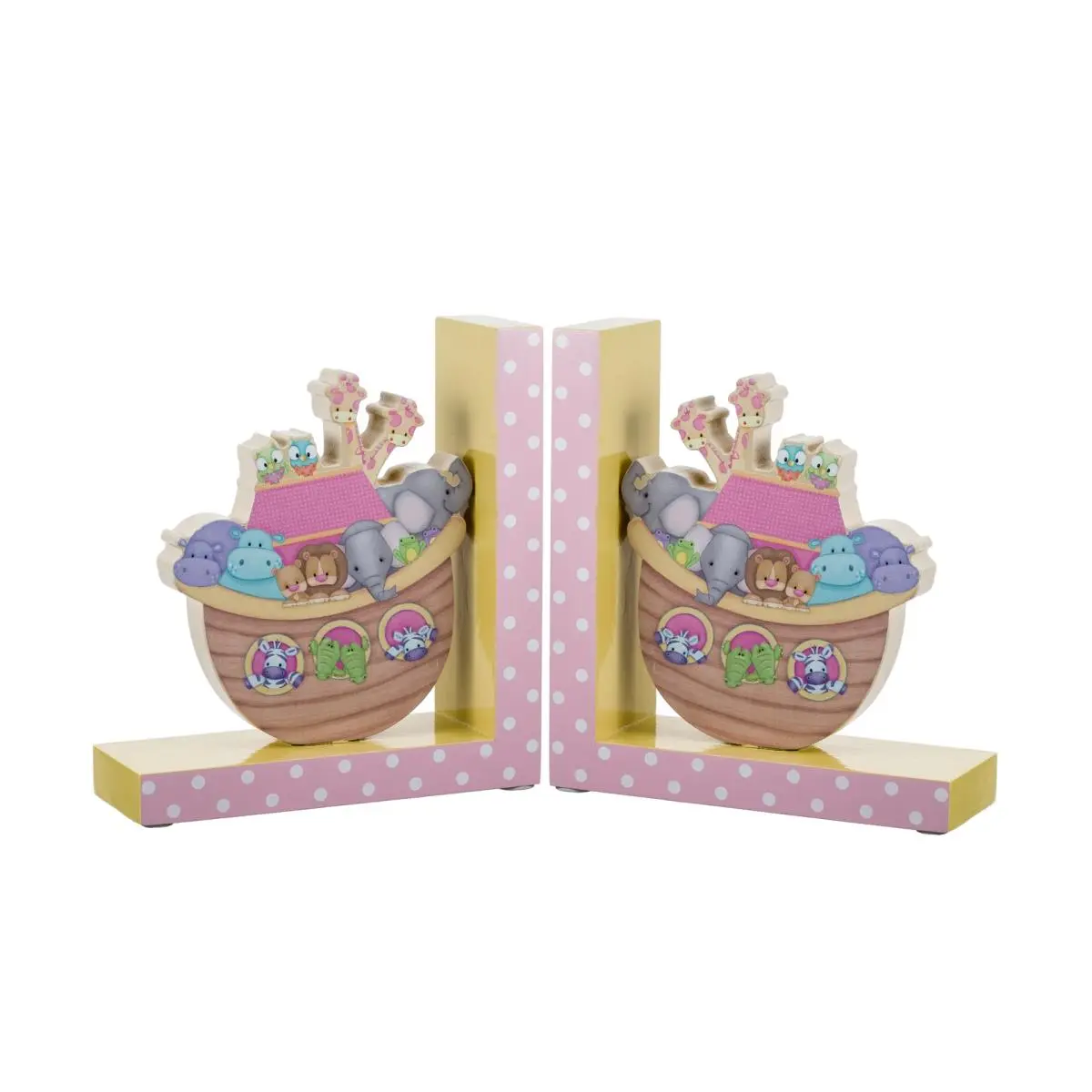 Borders Unlimited 90010 Painted Wooden Bookends - Noah's Cute Pastels Ark Pairs, Bright Adorable Design Desk Accessories for Kids Bookshelf & Office Desk Setup, Office Stationery Organizer Decor, Safe Paint