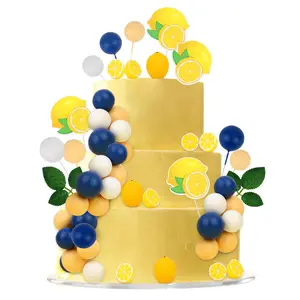 1Set Blue Tile Lemon Cake Decorations  Fruit Leaves Cake Cupcake Figures Toppers Ball Dessert Picks Lemon Theme Birthday Party Baby Shower Bachelorette Celebration Photo Props