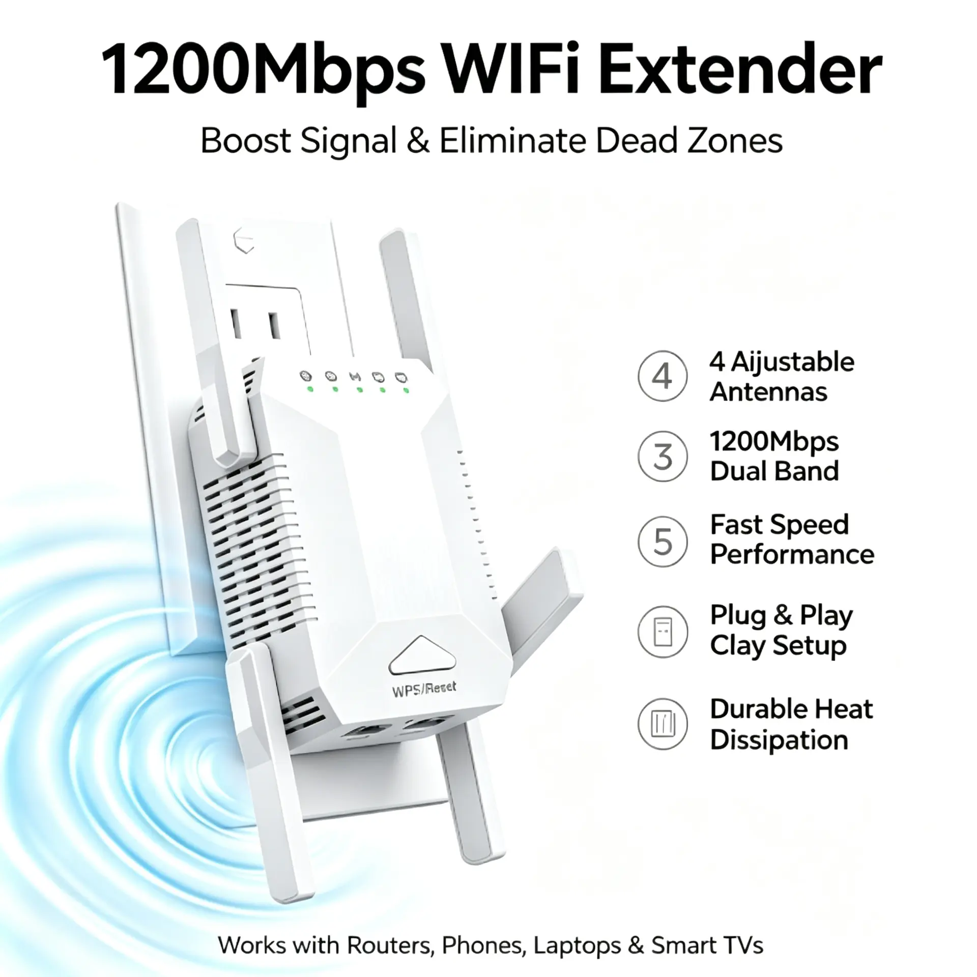 1200Mbps Signal Extender 5G High-Speed Expansion WiFi Booster Dual-Band Wireless Network Repeater Signal Booster 4 Adjustable Antenna WiFi Signal Amplifier for Indoor Home Use White US Plug