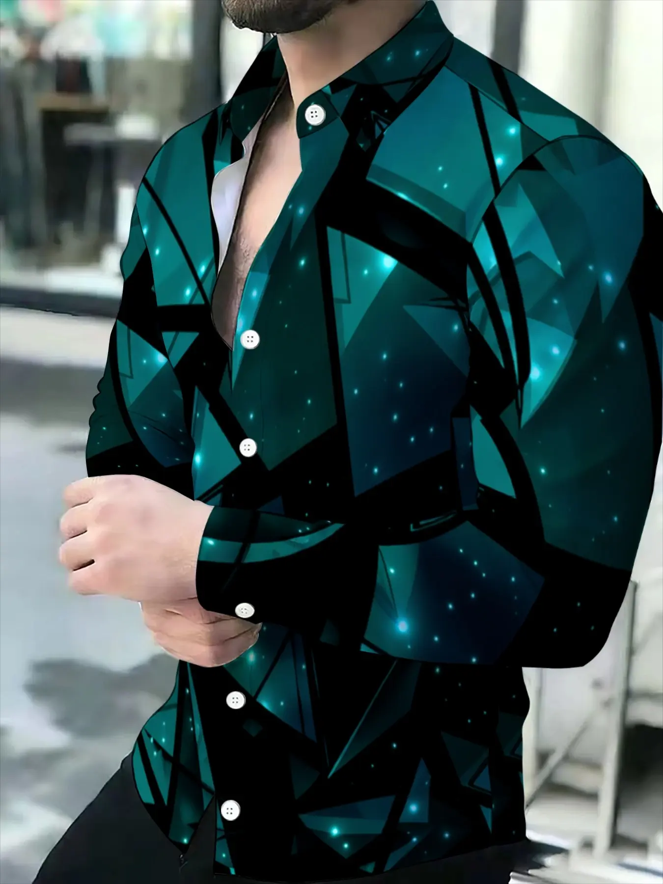 Men's Geometric Print Long Sleeve Shirt, Fashion Trendy Casual Collared Shirt, Simple Design Daily Wear Top