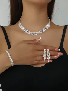 Elegant Shimmering Rhinestone Petal Necklace Bracelet Earring Set, Matching Jewelry Set, Stunning Bride Wedding Jewelry, Exquisite Fashion Accessories
