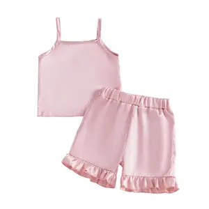 Meihuida Toddler Baby Girl Silk Pajamas Set Solid Spaghetti Strap Tank Tops and Ruffled Shorts Infant Satin Pj Lounge Sets