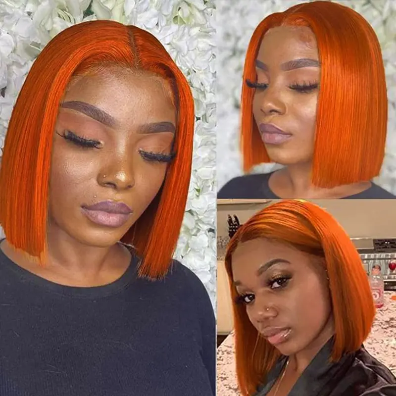 amzhair 13x4 HD Thin Skin Melt Lace Frontal Human Hair Wig, Female 350# Orange Short Bob Cut, 180% Density, Heat Resistant Glueless, Pre-Plucked Line & Pre Bleached Tiny Knots