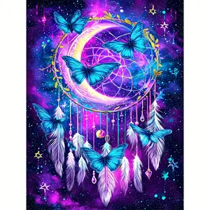 5D Full Drill Diamond Painting Kit, Neon Galaxy Dreamcatcher with Blue Butterflies Art for Home Wall Decor, DIY Craft with Sparkling Beads, Canvas & Tools, Perfect for Boho & Cosmic Themed Home Decoration