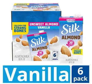 Silk Shelf-Stable Almond Milk, Unsweetened Vanilla, Dairy-Free, Vegan, Non-GMO Project Verified, 1 Quart (Pack of 6)