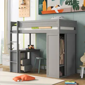 Twin Size Loft Bed with Wardrobes and Desk, Solid Wood Loft Bed Frame with 2 Storage Drawers Cabinet, for Teens Adults (Gray)