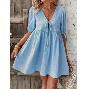 Women's Front Strap Tie Bow Dress - Cute Summer Essential Sweet Casual Solid Color Dress Fashionable Comfortable Breathable Womenswear Beach Chic - Day