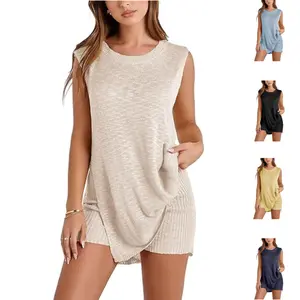 Tanming Women's Sweater Set - Sleeveless Knit Pullover Top & Comfortable High Waisted Shorts for Beach Vacation Outfits