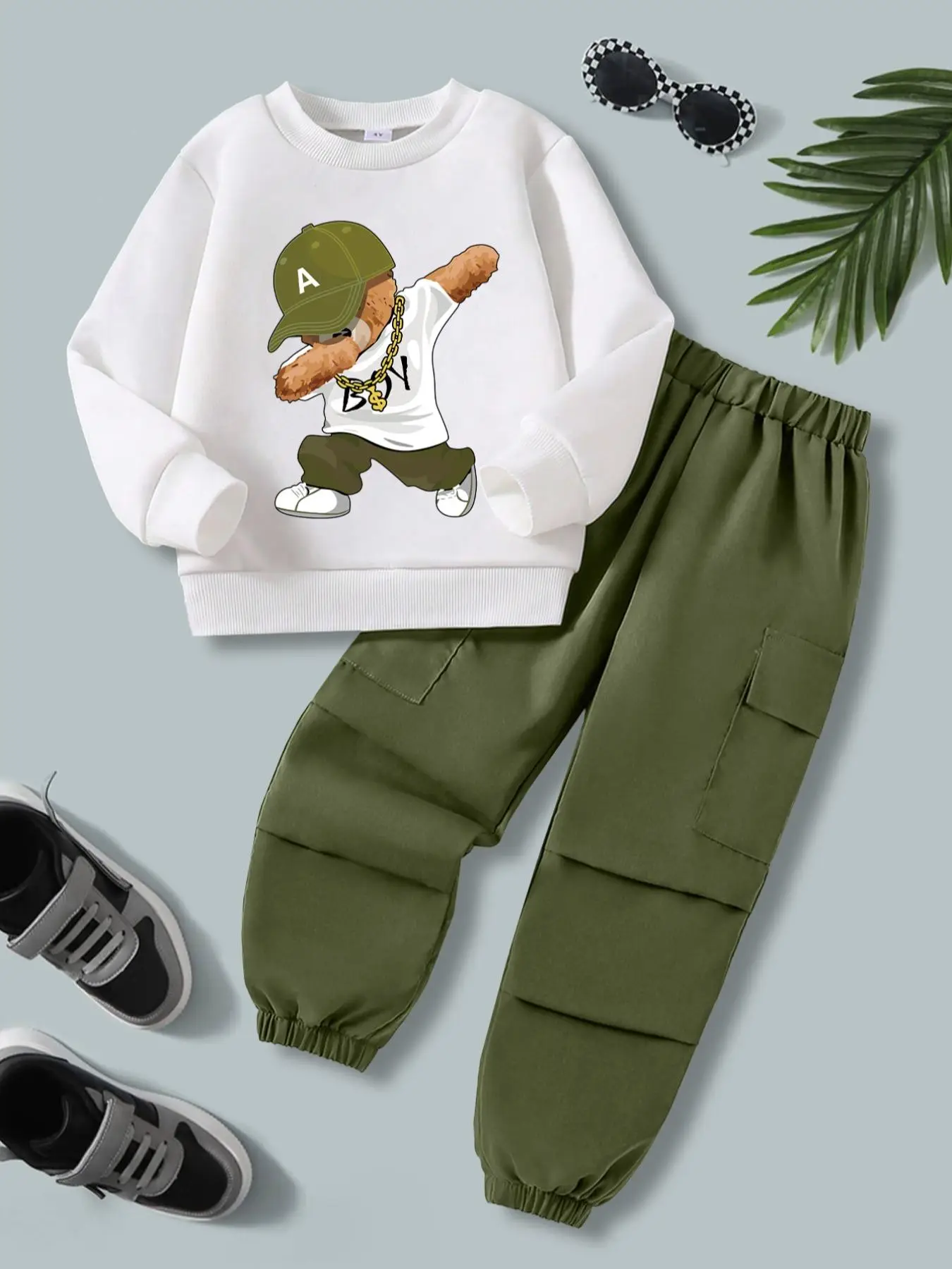 Two-piece Set Boy's Cartoon Bear Print Sweatshirt & Pants, Casual Round Neck Long Sleeve Pullover & Trousers for Spring & Fall, Kids Clothes for Daily