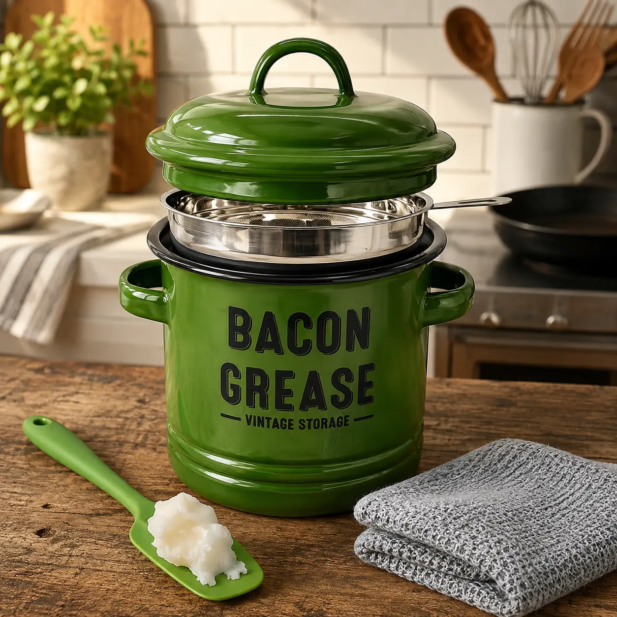 46oz Bacon Grease Container with Strainer, 5-Piece Vintage Grease Keeper Set with Lid, Spatula & Cleaning Cloth, 4 Colors Available