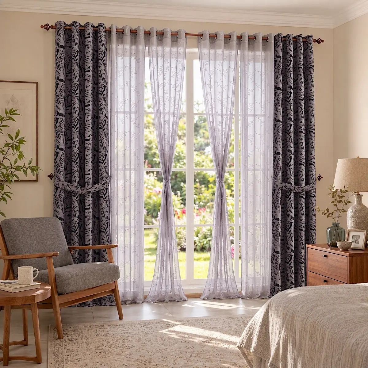 6 PANELS Curtains Combo, 2 Panels 55“x95” Slub Linen Boucle Palm Leaf Jacquard Curtains & 4 Panels 34“x95”Embroidered Semi Sheer Curtains Thermal Insulated Noise Reducing Window Drapes, Room Darkening Curtain Panels for Bedroom Living Room TH12 MP22