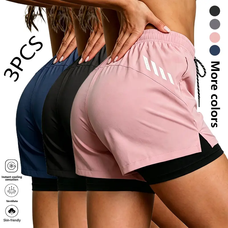 3-pack summer women’s shorts: double-layer faux two-piece shorts, breathable quick-dry compression base layer shorts with elastic waistband drawstring and side mesh pockets—ideal for fitness training, casual wear, sports, and running.