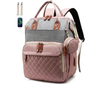 Backpack baby bag, unisex baby diaper bag, 16 pockets, pacifier holder, large unisex diaper bag, suitable for travel (pink-gray)