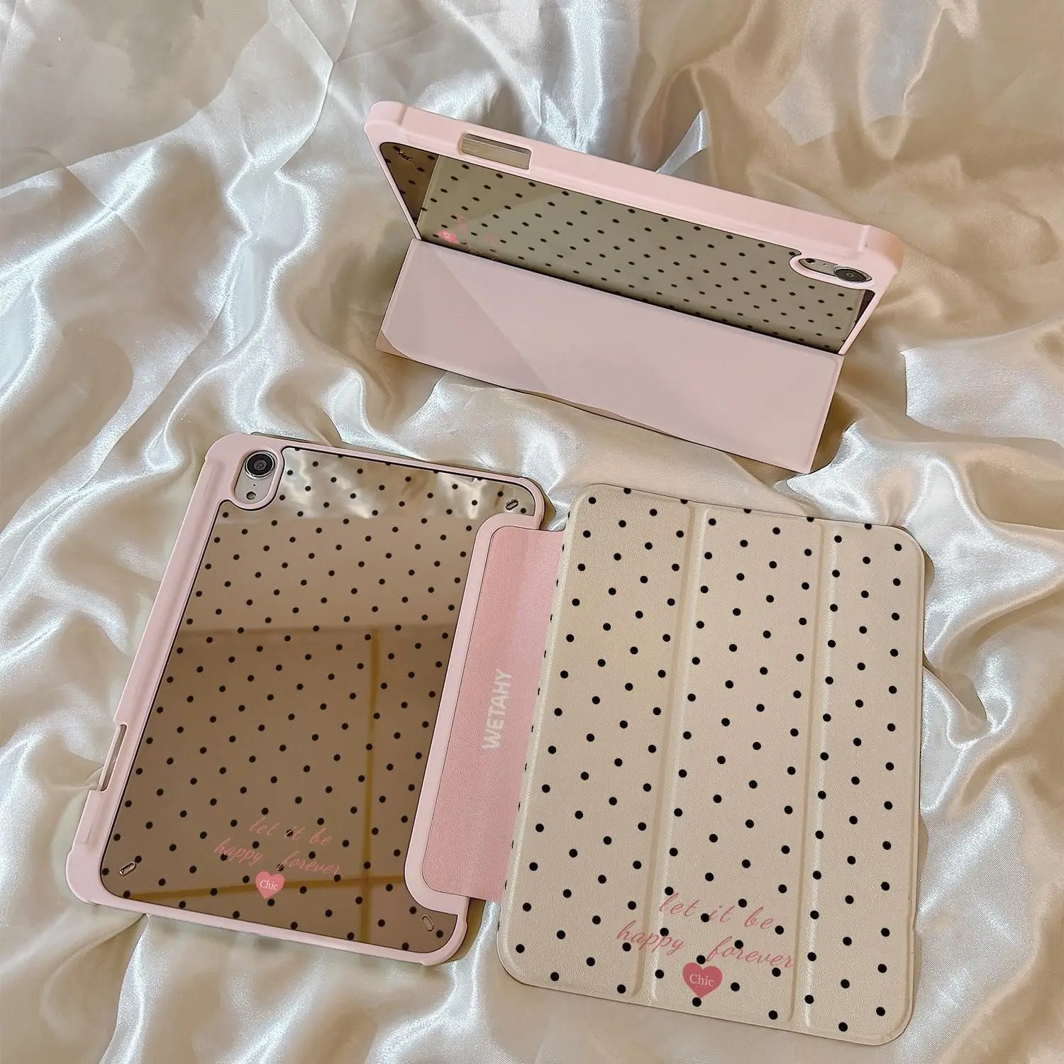 Milk Chestnut Polka Dot and Heart Design Tablet Cover, Three-Fold Stand Mirror Back Case with Pen Slot, Fits iPad 10/9/8 Generation and More