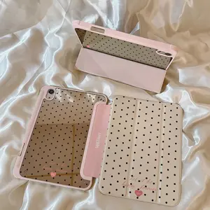 Milk Chestnut Polka Dot Heart Design iPad Case, Three-Fold Stand Mirror Back Cover with Pen Slot, Fits iPad 10/9/8 Generation & More