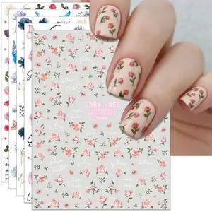 Rose Flower Nail Art Stickers - Pink Floral Leaf Self-Adhesive 3D Nail Decals for DIY Spring Summer Manicure (6 Sheets) Berry Shimmer Cream Blush Stick