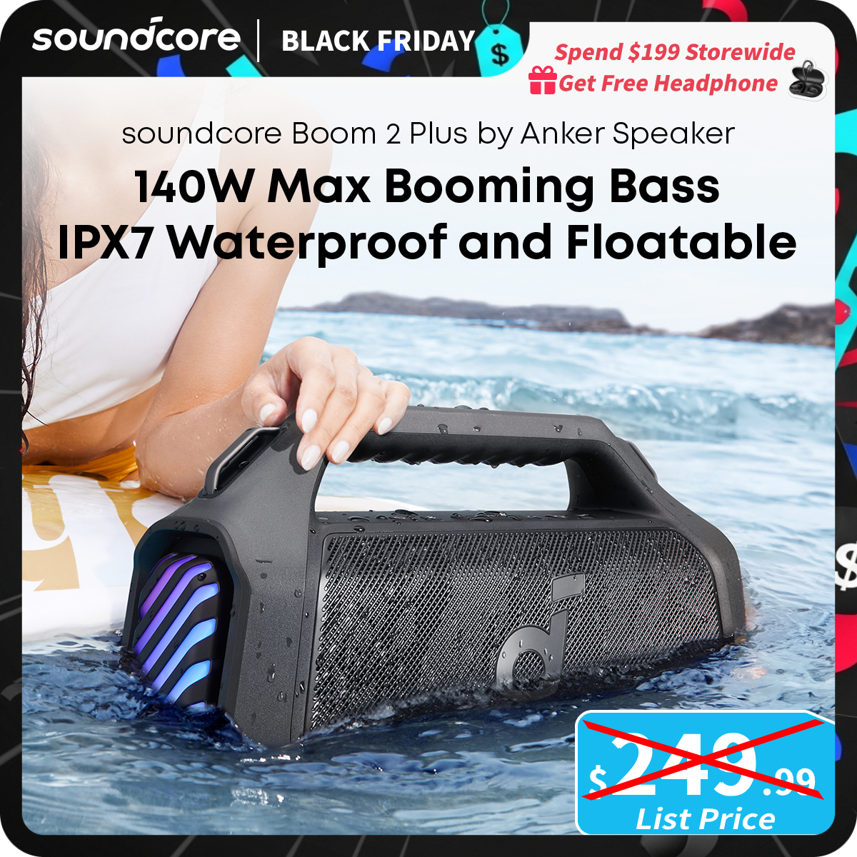 [Live Exclusive TikTokShopBlackFriday] soundcore Boom 2 Plus By Anker, Outdoor Speaker, 140W, 2+2 Channel, BassUp 2.0, 20H Playtime, Fast Charge, IPX7