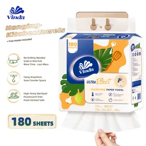 Vinda Hanging Kitchen Paper Towels with free hook -Quick Grab, Fully Protected, Saves Space| Ultra Water& Heavy Oil Absorbent Wipes, Washable & Extra Strong When Wet  2-Ply, 180Sheets/bag,  100% Virgin Pulp, Food Safe - TikTok Must-Have for Kitchens