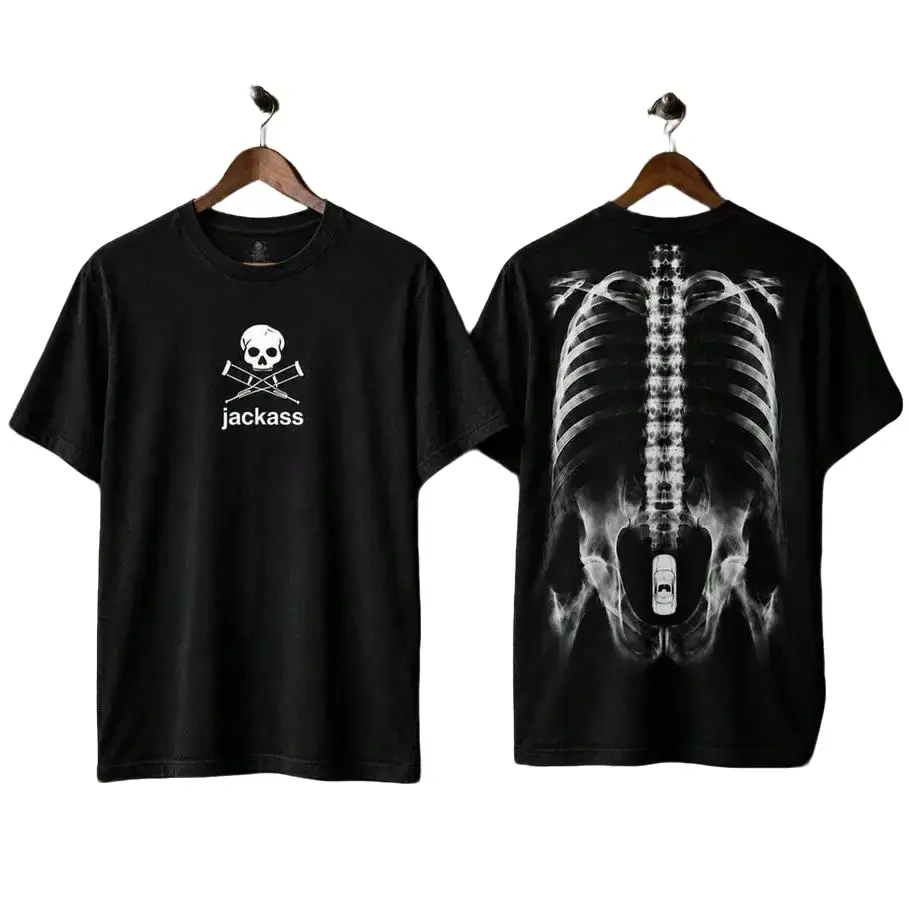 Men Vintage Jackass X-Ray Skeleton Front & Back Print T-Shirt, Vintage Skull Logo Tee,Summer,Fall,Halloween T-Shirt, Men,Graphic Tees Day Fabric Hem Menswear
