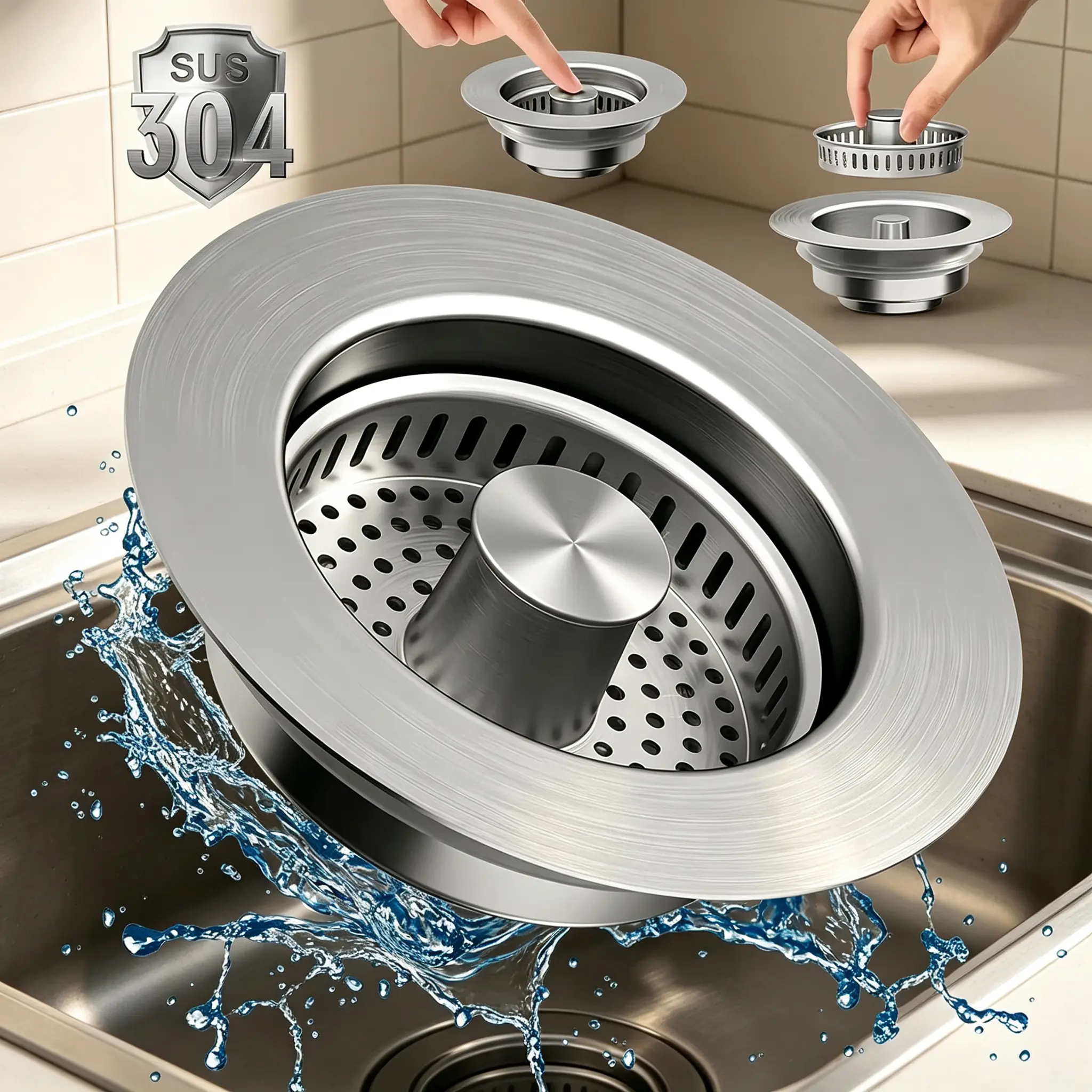odor filter,All-Metal Kitchen Sink Drain Plug & Filter Set – Stainless Pop-Up Drain Built With Pull Rod, Compatible With US Standard 3-1/2 Inch Drain, Anti-Blockage Feature