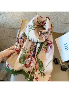 Silk scarf women's cotton linen scarf, autumn and winter warmth, outerwear, plum blossom, Korean style, versatile long scarf, two-tone large shawl, anti-aging neck warmer