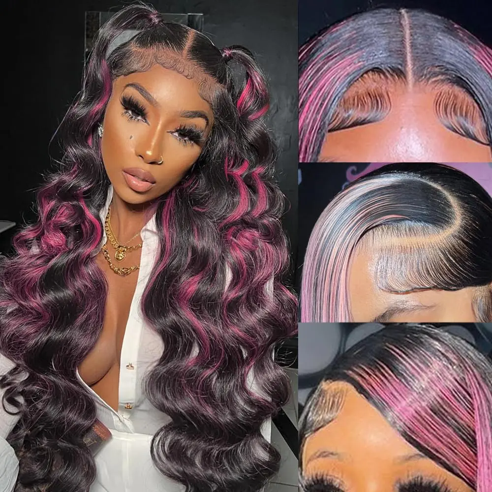 Gk Pink Highlight Wig Human Hair 13X6 Pink and Black Body Wave Lace FrontPre Plucked 180% Density Ombre Lace Front Wig Human Hair 32 Inch
