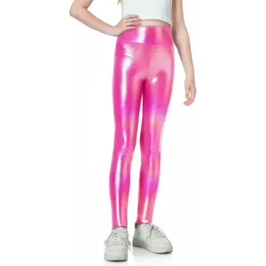 P-GCS053    Girls Metallic Leggings High Waisted Kids Yoga Pants Stretch Shiny Running Dance Tights for Teen School Workout